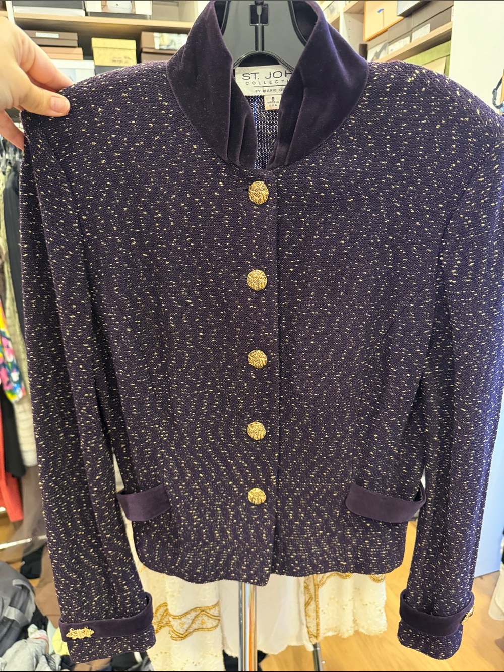 St. John Collection Women's Purple Tweed Jacket with Gold Buttons